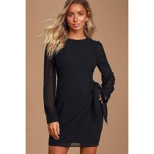 Lulus Much Love Black Swiss Dot Long Sleeve Tie-front Mini Dress - Size S